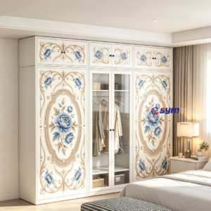 patterned fabric non woven portable wardrobe with lockable zipper door, simple metal frame closet for bedroom